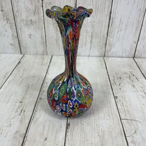 Vintage Fratelli Toso Murano Millefiori Murrine Cane Vase 6.75”